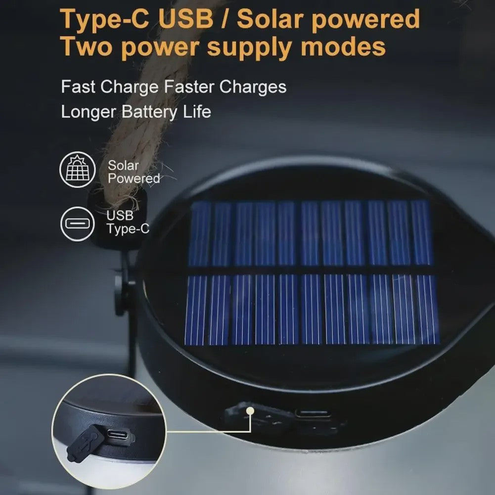 Solar Camping Lantaarn met Vlam Effect - USB Oplaadbaar, Waterdicht IPX4, 800 Lumen