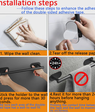 Set Badkamer Accessoires: Handdoekrek, Toiletrolhouder, Haak & Ring - Zwart