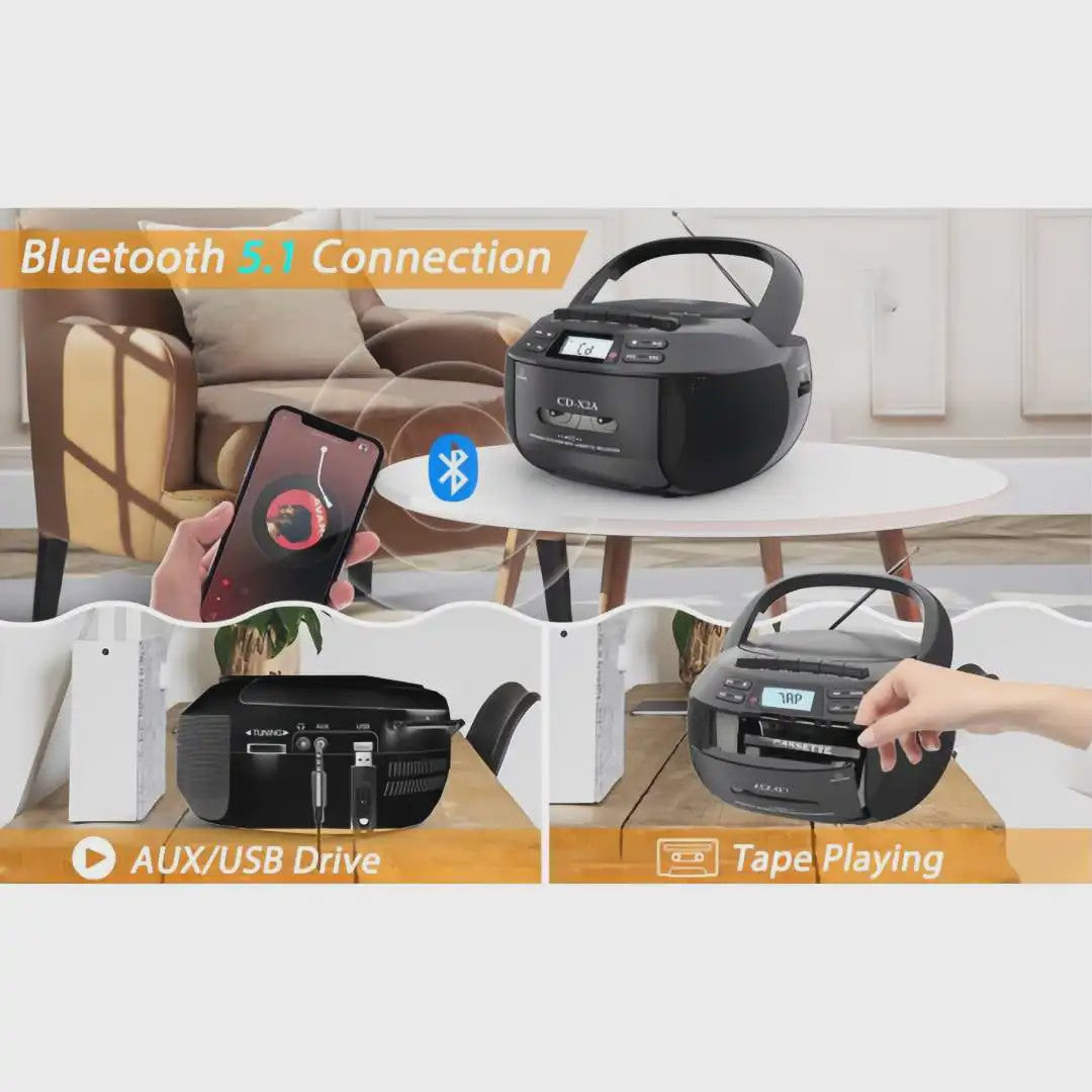 Draagbare Boombox met CD, Cassette, Bluetooth, Radio, USB & Afstandsbediening - Wit