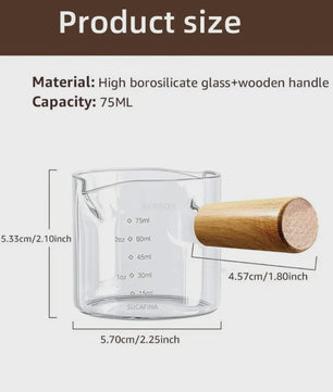 Glazen Espresso Maatbeker 75ml met Dubbele Uitloop en Houten Handvat - Barista Accessoire