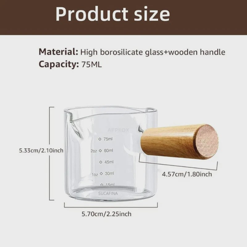 Glazen Espresso Maatbeker 75ml met Dubbele Uitloop en Houten Handvat - Barista Accessoire
