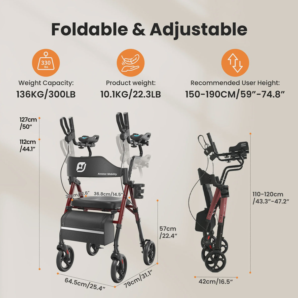 Staande Rollator Walker met PU Zadel en Rugleuning - Opvouwbaar voor Senioren