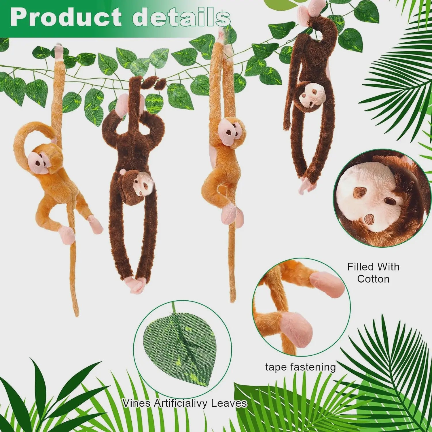 6 Stuks Hangende Pluche Apen met Kunstranken - Jungle & Safari Decoratie