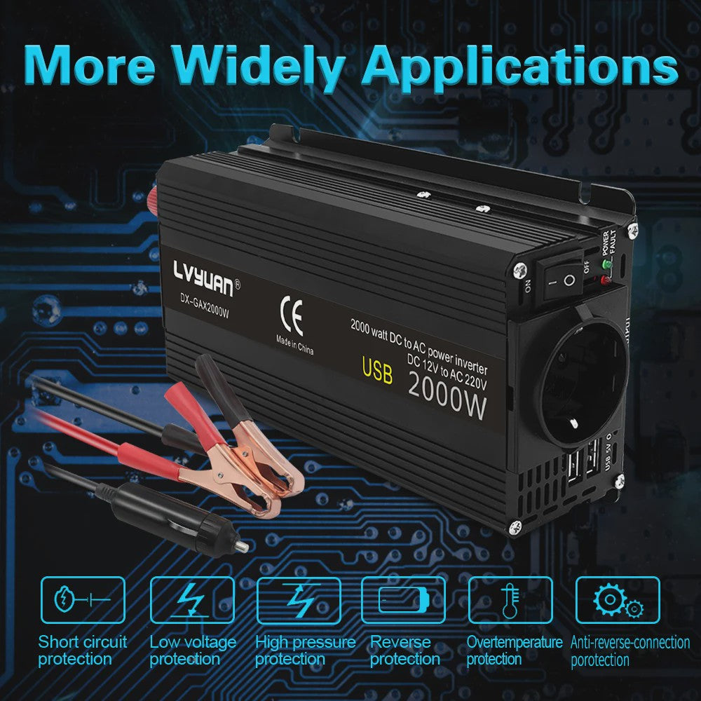 2000W Power Inverter 12V DC naar 230V AC met EU-stopcontact en Dubbele USB - Zwart