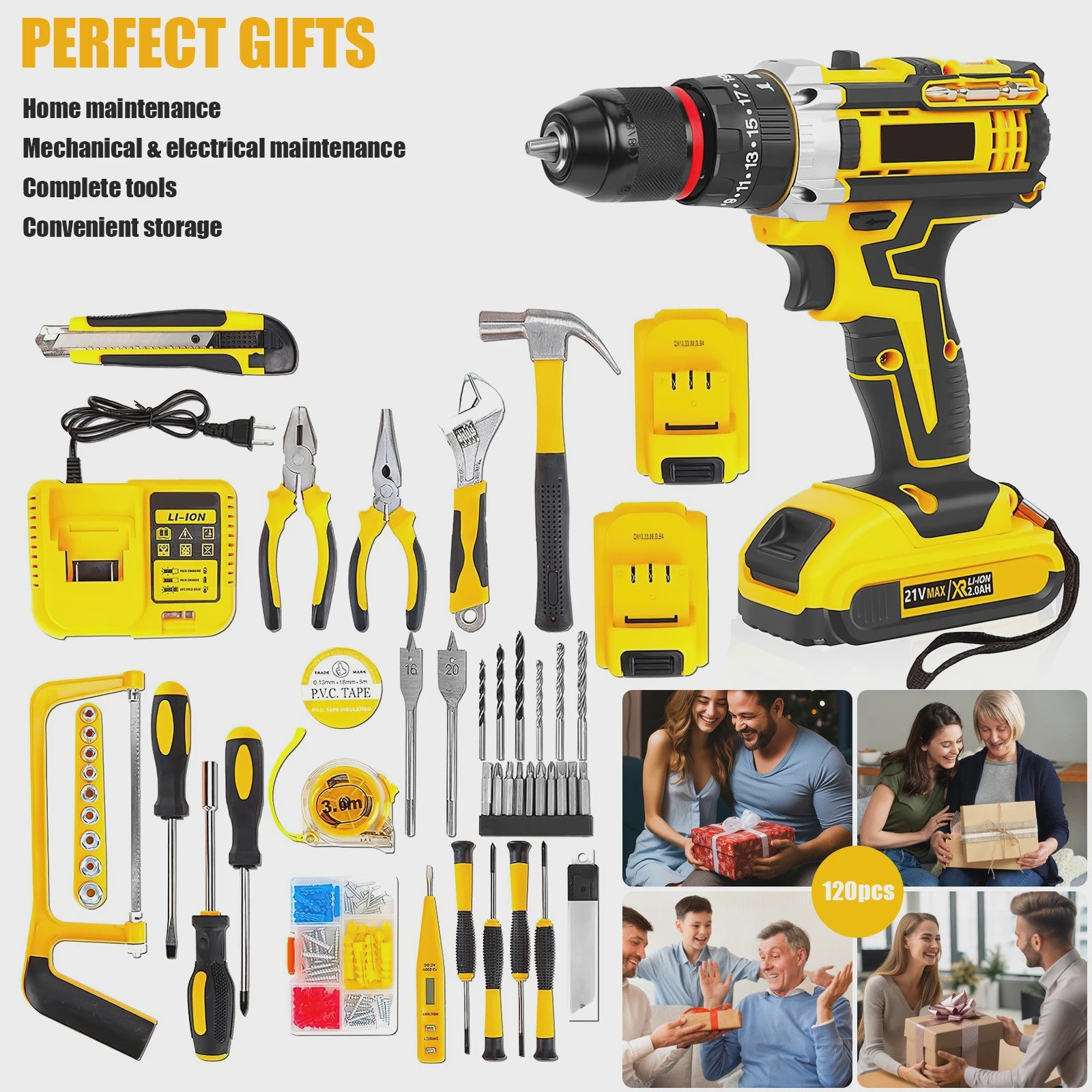 21V Accuboormachine met Klopfunctie & 120-delige Accessoireset - 45Nm Koppel, 25+3 Snelheden
