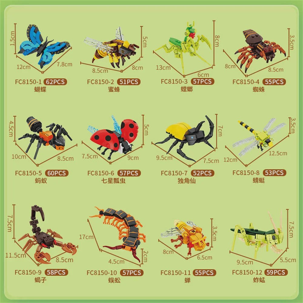 Bouwblokken Insecten Set: Vlinder, Bij, Mier, Sprinkhaan & Meer - Educatief Speelgoed voor Kinderen
