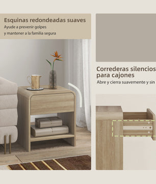 Set van 2 Scandinavische Nachtkastjes met Ronde Hoeken, Lade en Open Vak - 40x35x45 cm Naturel