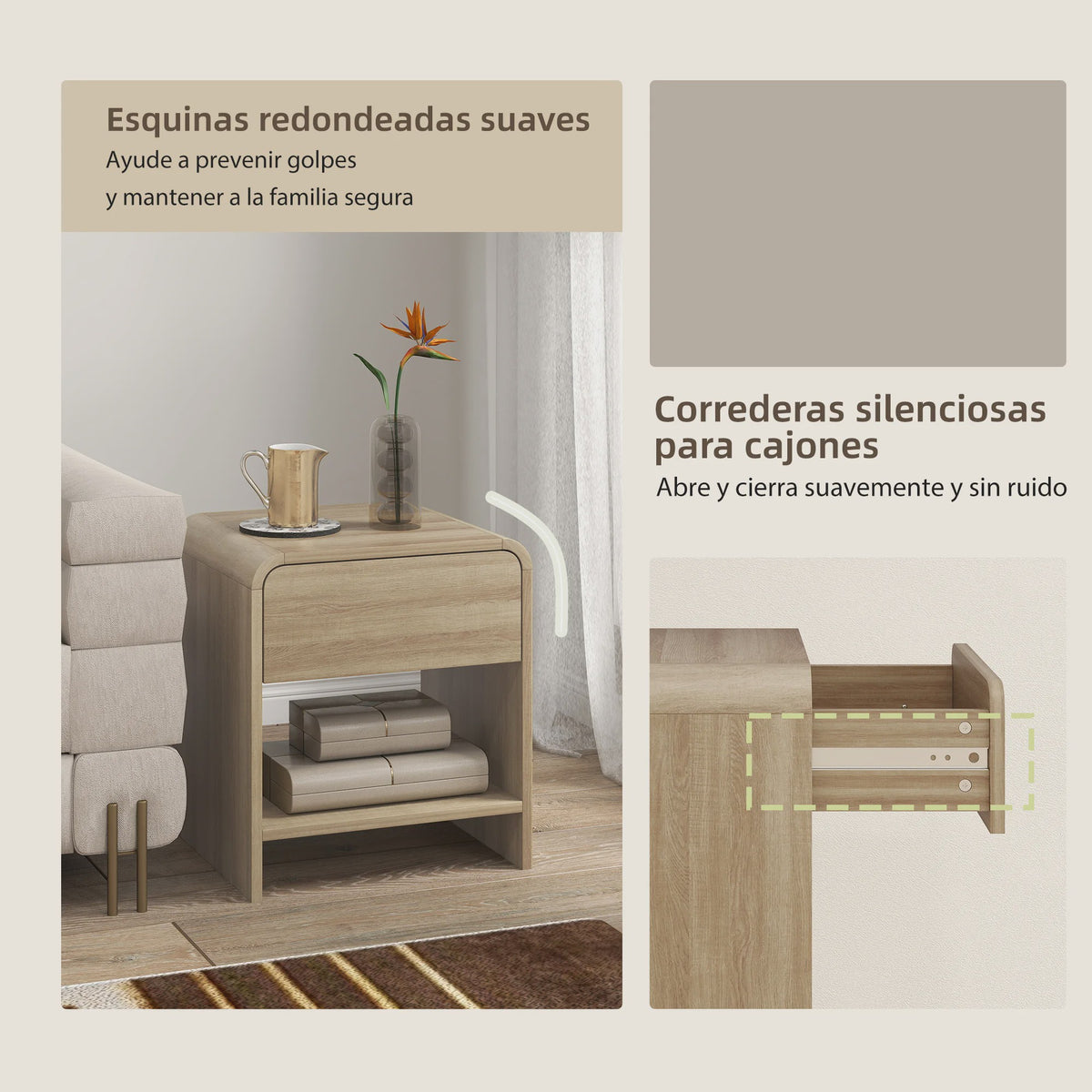Set van 2 Scandinavische Nachtkastjes met Ronde Hoeken, Lade en Open Vak - 40x35x45 cm Naturel
