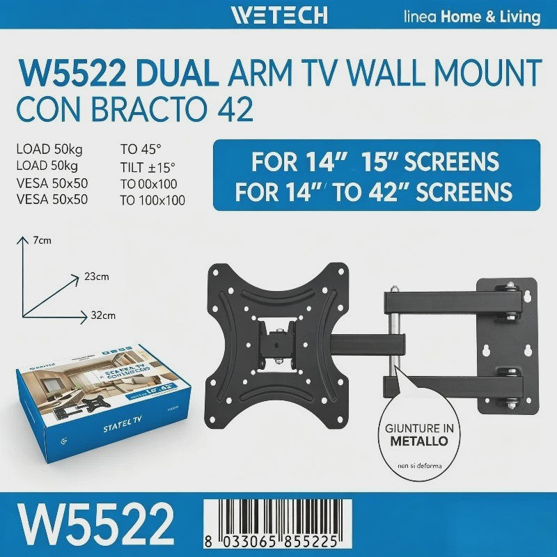 WETECH W5522 TV Wandsteun - Volledig Beweegbaar voor 14-42 Inch TV's, Max 50kg, VESA 50-100