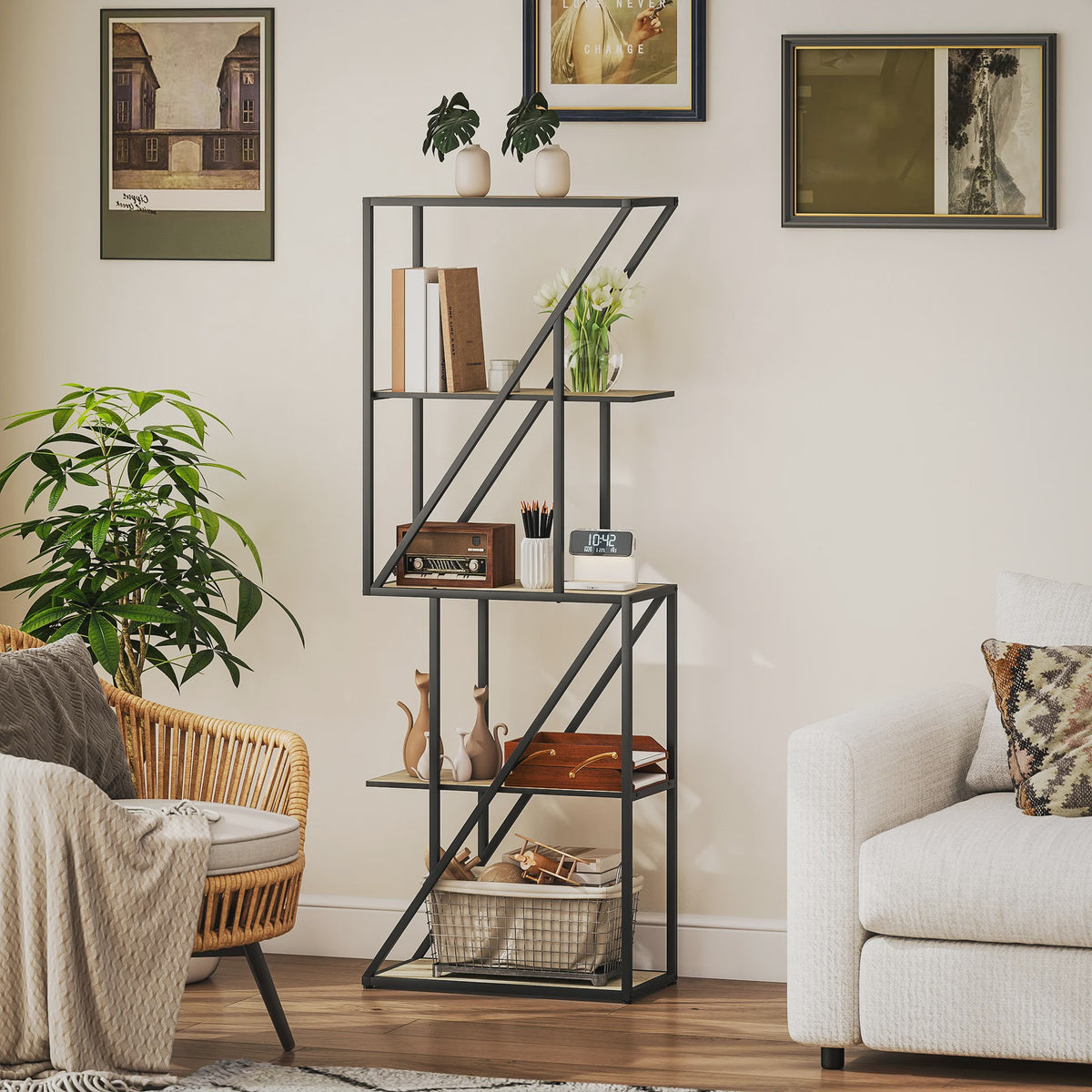 Industriële Boekenkast 5 Lagen met Open Planken en Stalen Frame - 60x30x165 cm Eikenlook