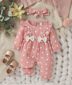 Schattige Baby Meisjes Jumpsuit met Hartjesprint en Strikje - Katoen, Lange Mouwen