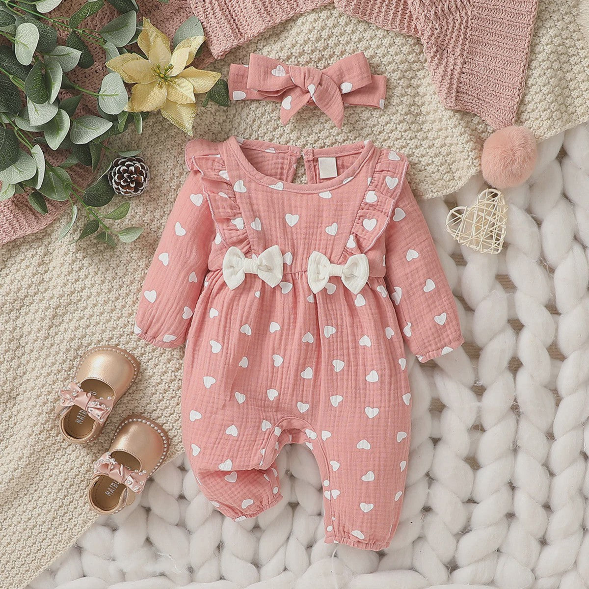Schattige Baby Meisjes Jumpsuit met Hartjesprint en Strikje - Katoen, Lange Mouwen