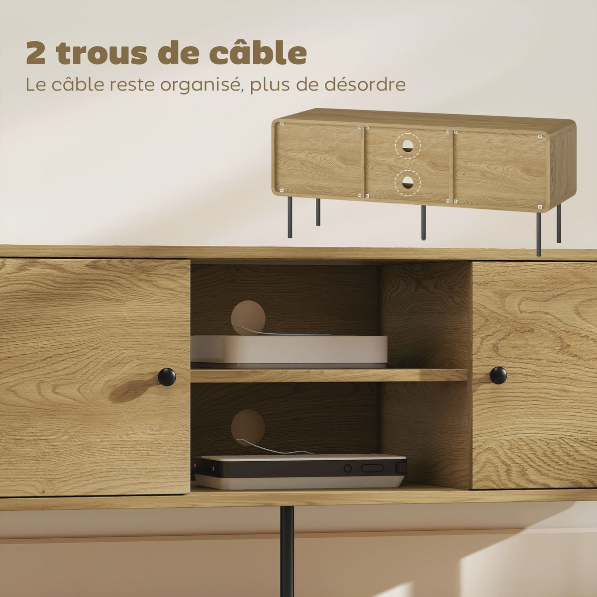 Moderne TV Meubel 120cm Eikenhout Look met Afgeronde Hoeken en Kabelmanagement - Geschikt voor TV's tot 55 Inch