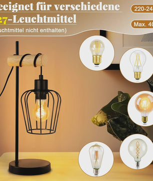 Vintage Industriële Tafellamp met Houten Accent - Zwart Metaal, E27 Fitting