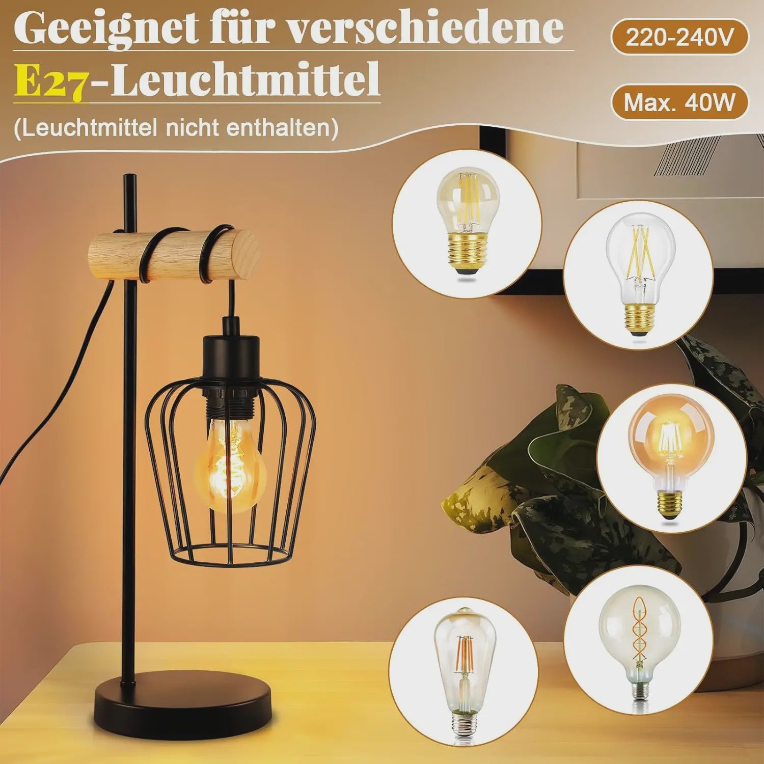 Vintage Industriële Tafellamp met Houten Accent - Zwart Metaal, E27 Fitting