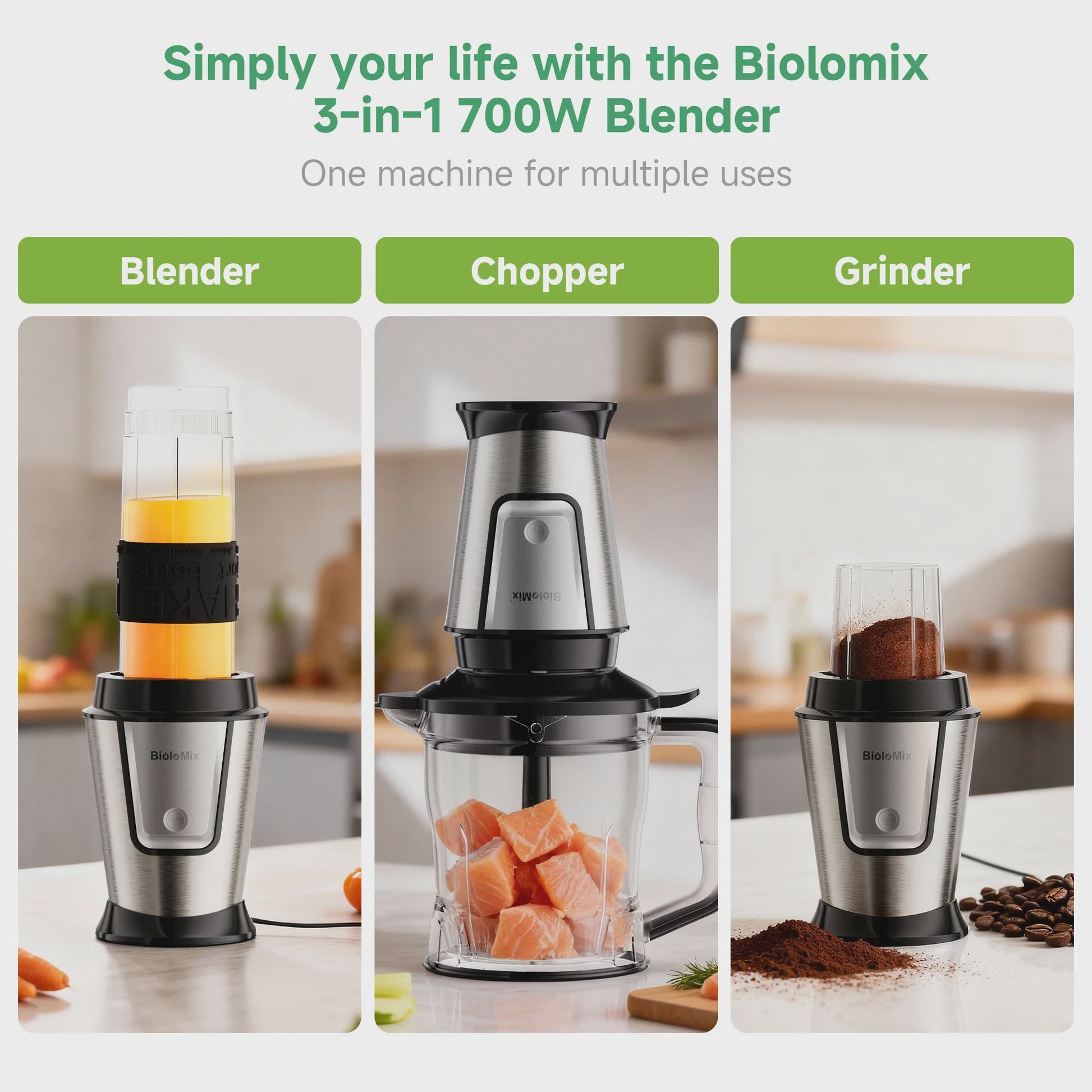 BioloMix 700W Compacte Keuken Blender: 3-in-1 Juicer, Food Processor & Grinder