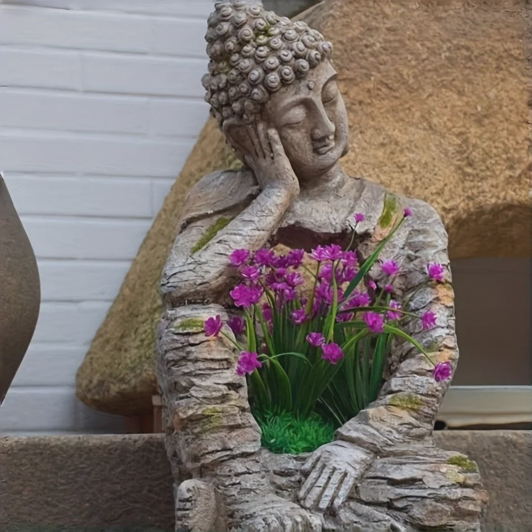 Retro Verweerd Buddha Beeld met Bloembak - Zen Tuindecoratie