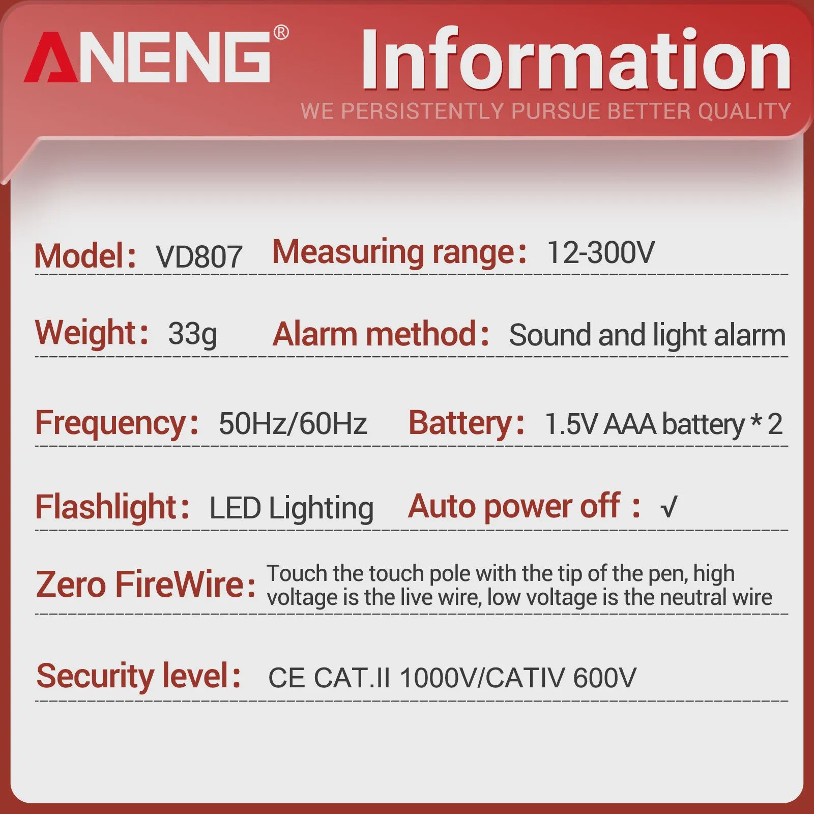 ANENG VD807 Spanningsmeter Pen: 12-300V AC, Contact/Non-Contact Nul/Fase Detector met LED Zaklamp