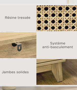 HOMCOM Commode met 4 Lades en Rotan Fronten - 80x35x95 cm - Licht Hout