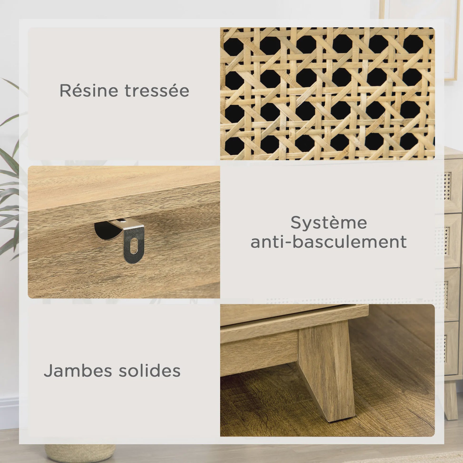 HOMCOM Commode met 4 Lades en Rotan Fronten - 80x35x95 cm - Licht Hout