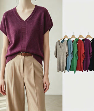 Oversized V-hals Trui Dames - Korte Mouw Gebreid Top