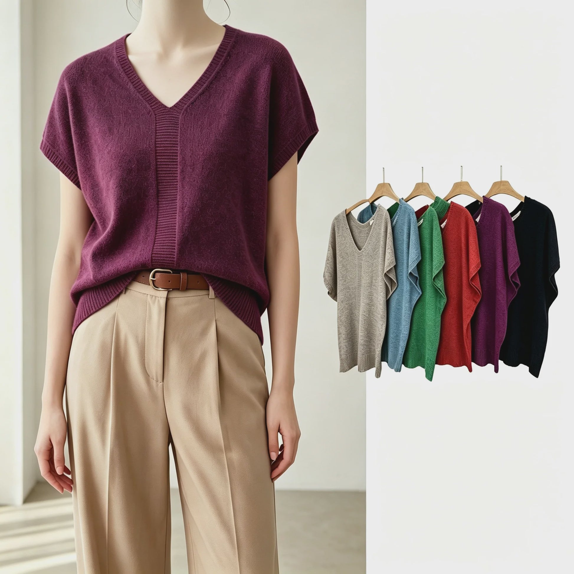 Oversized V-hals Trui Dames - Korte Mouw Gebreid Top