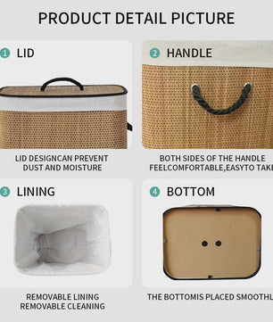 Grote Bamboe Wasmand 72L - Opvouwbaar met Uitneembare Voering & Deksel - 40x30x60cm