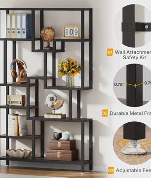 Industriële Boekenkast 7-Laags - 180cm Hoge Etagere met Metalen Frame & Rustiek Bruine Houten Planken