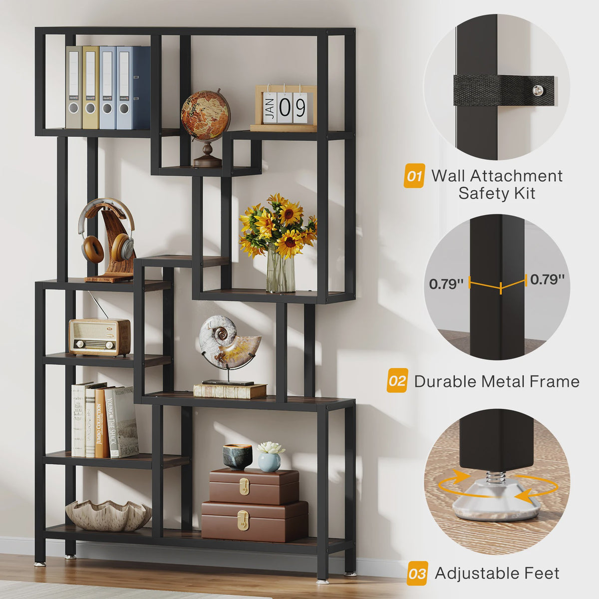 Industriële Boekenkast 7-Laags - 180cm Hoge Etagere met Metalen Frame & Rustiek Bruine Houten Planken