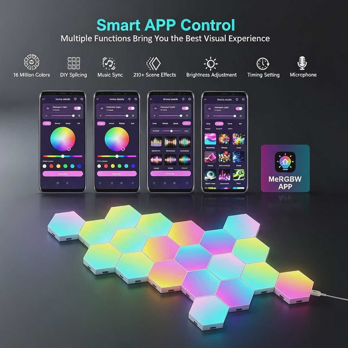 Slimme Hexagon LED Wandlampen met App & Muziek Sync - RGB Kleuren, DIY Ontwerp