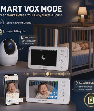 1080P HD WiFi Babyfoon met 4.3 inch Scherm, App Bediening, Nachtzicht & Temperatuur