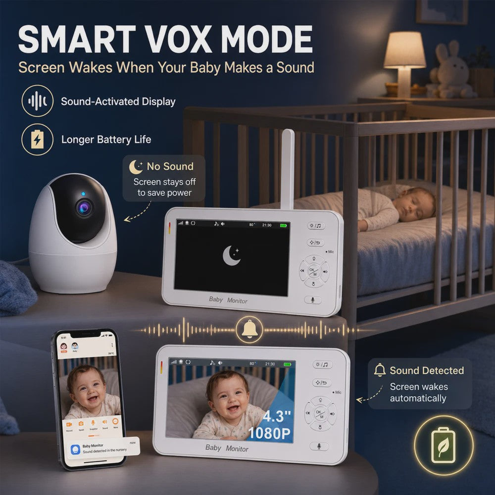 1080P HD WiFi Babyfoon met 4.3 inch Scherm, App Bediening, Nachtzicht & Temperatuur