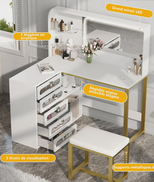 Witte Kaptafel met Spiegel, L-vormig Design, 5 Lades en Kruk