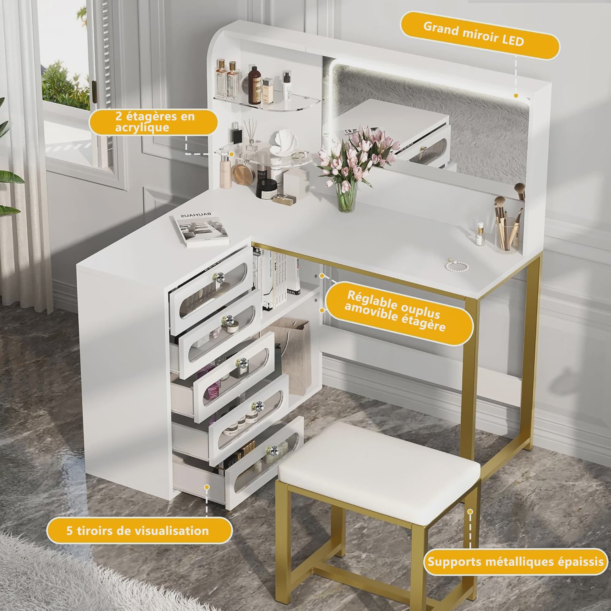 Witte Kaptafel met Spiegel, L-vormig Design, 5 Lades en Kruk