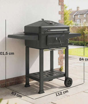 Outsunny XXL Houtskool Barbecue Tuinwagen Grill met Deksel, Aslade en Ventilatieroosters - 112cm Zwart
