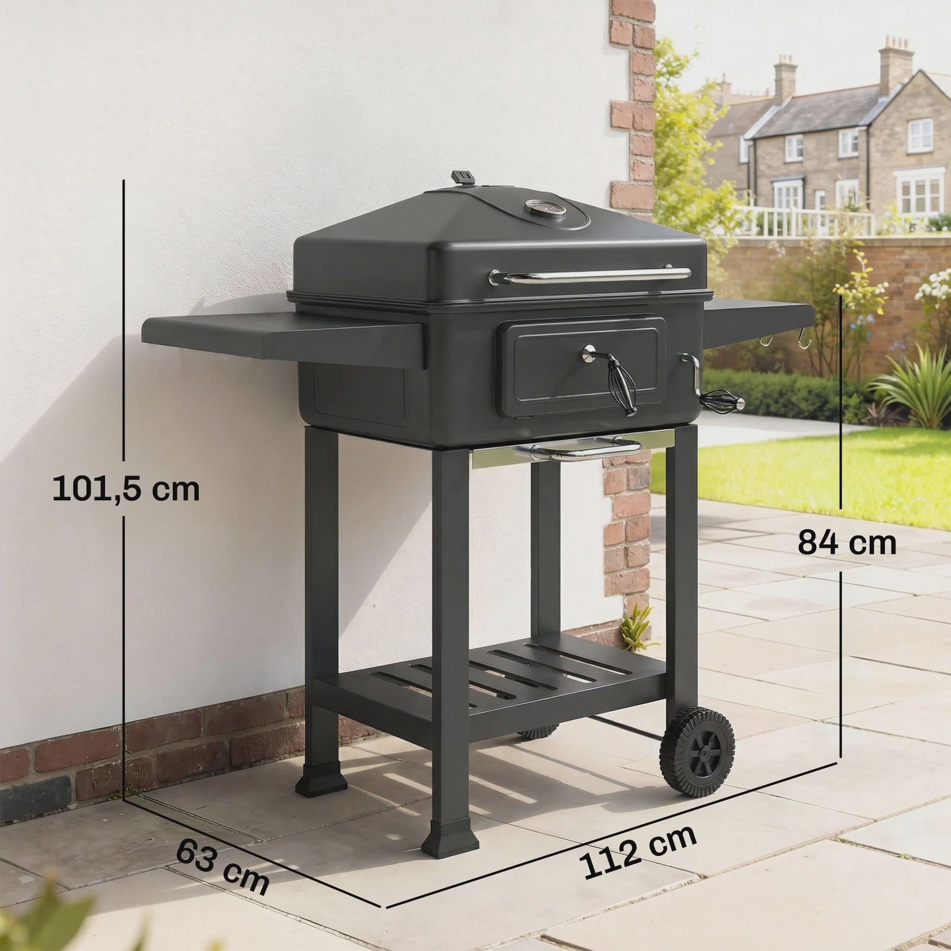 Outsunny XXL Houtskool Barbecue Tuinwagen Grill met Deksel, Aslade en Ventilatieroosters - 112cm Zwart