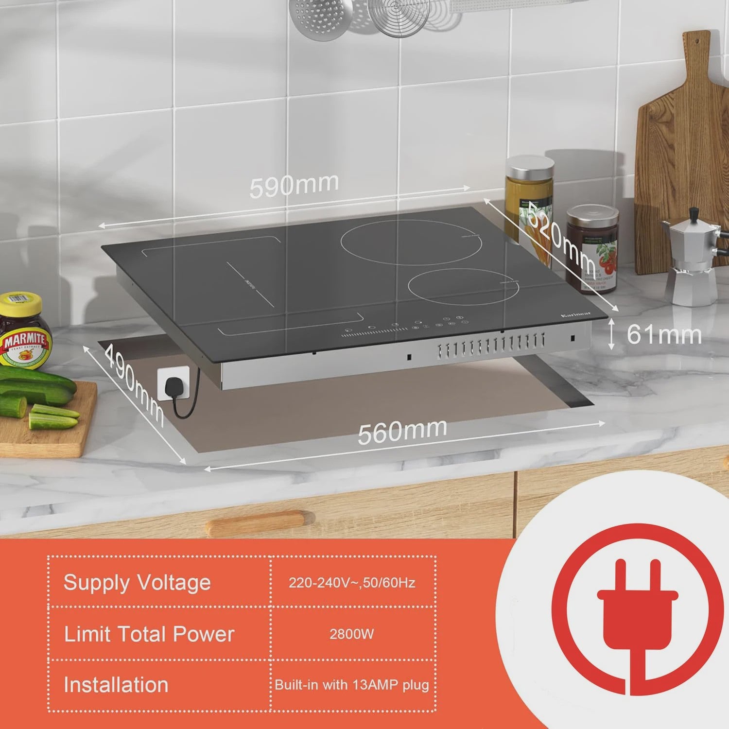 Karinear 60cm Inductie Kookplaat met Flex Zone, 4 Zones, Booster & Timer