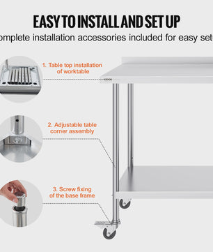 RVS Werktafel met Wielen - 24x60 inch - Zwaar Uitvoering - Professioneel & Thuisgebruik