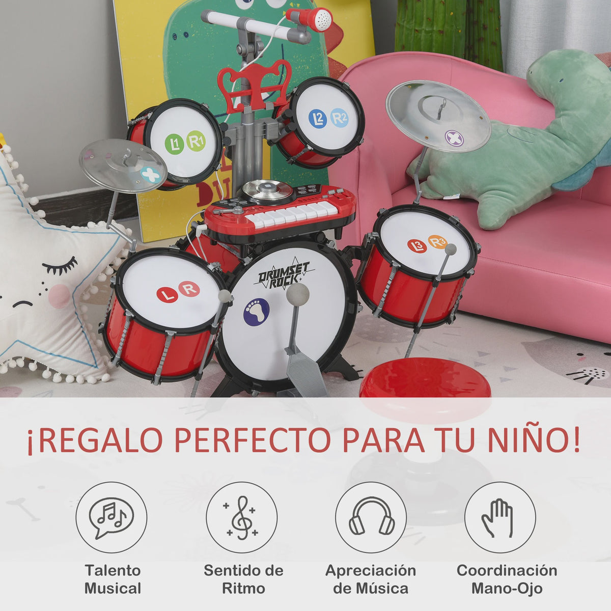 Homcom Children's Jazz Drum Set Electronic Keyboard Microphone +3 Years