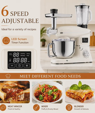 1900W Multifunctionele Planeetmixer met Vleesmolen & Blender - 6 Snelheden & LED Display