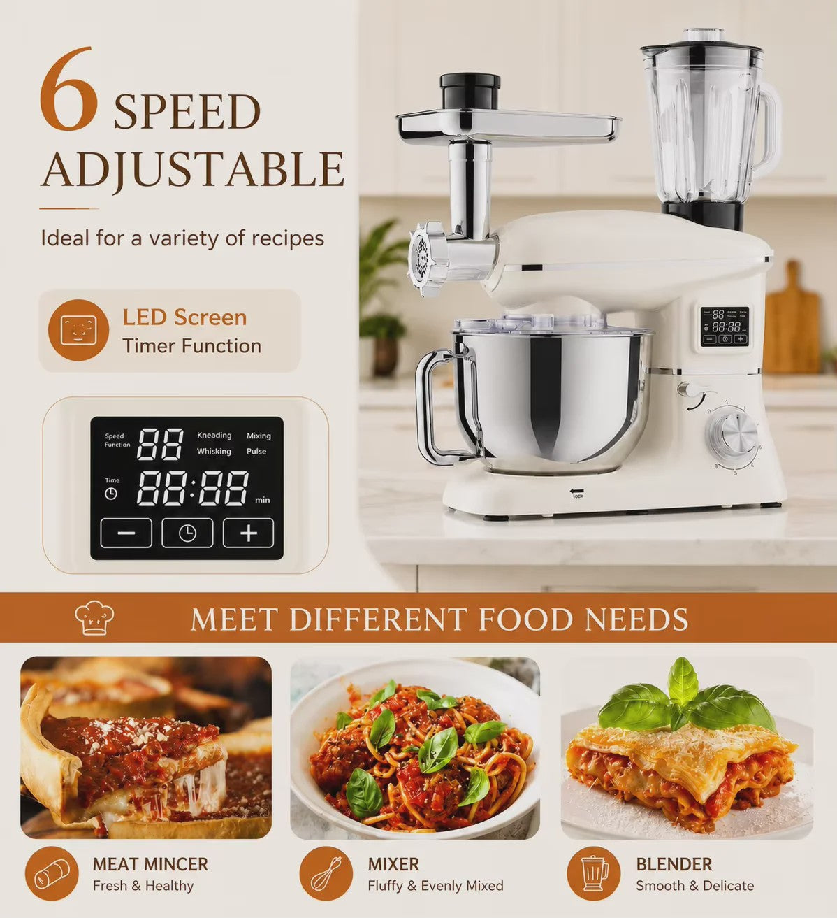 1900W Multifunctionele Planeetmixer met Vleesmolen & Blender - 6 Snelheden & LED Display