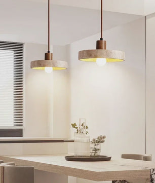 Natuurlijke Travertin Hanglamp met Houten Accent - E27 Fitting