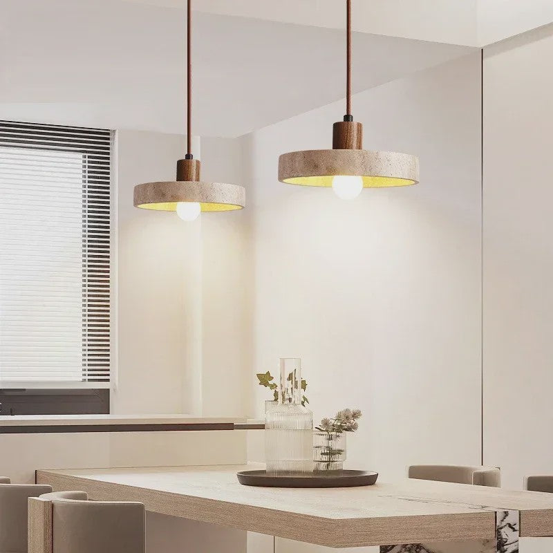 Natuurlijke Travertin Hanglamp met Houten Accent - E27 Fitting