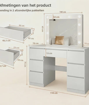 Kaptafel met Grote Spiegel, Verstelbare LED Verlichting en Ingebouwde USB/Stopcontacten - Veel Opbergruimte