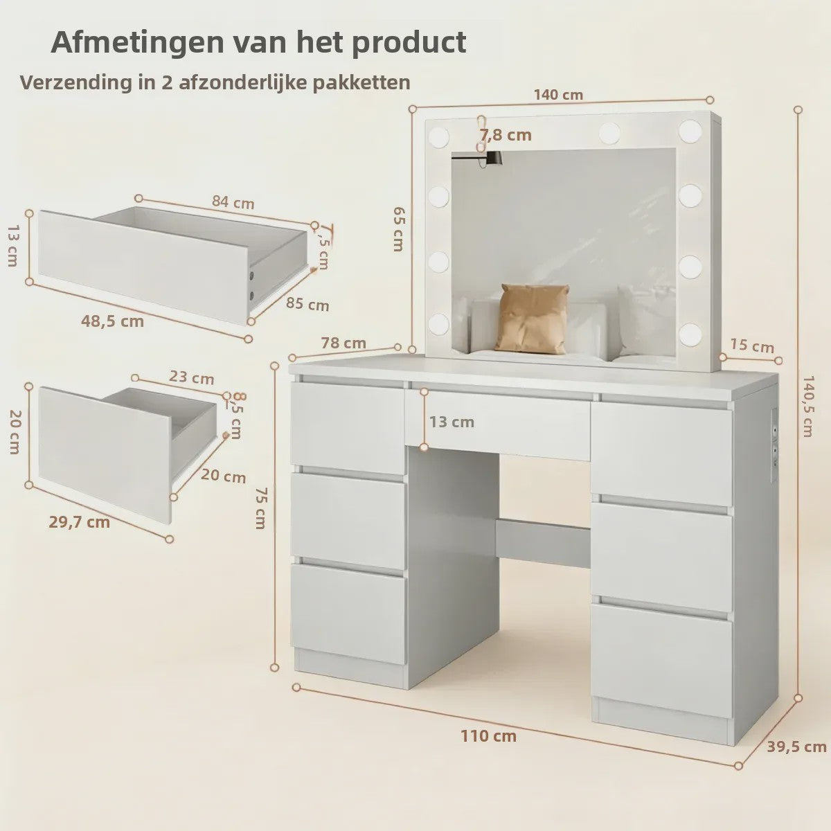 Kaptafel met Grote Spiegel, Verstelbare LED Verlichting en Ingebouwde USB/Stopcontacten - Veel Opbergruimte