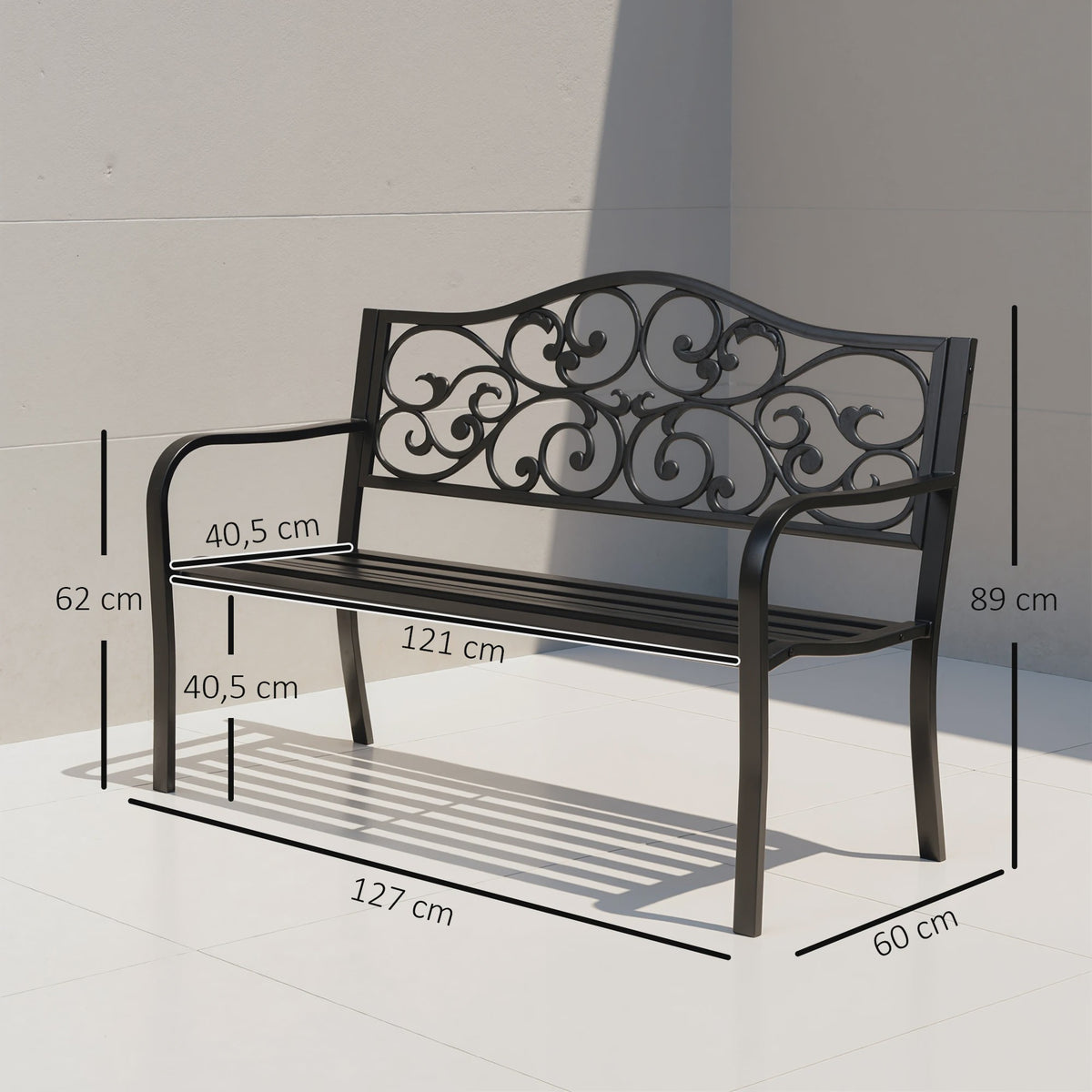 Outsunny 3-zits tuinbank metaal zwart - 127x60x85 cm - Stijlvol en anti-corrosie