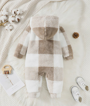 Warme Pluche Baby Romper met Capuchon - Geruit Jumpsuit voor Peuters (3-24 maanden)