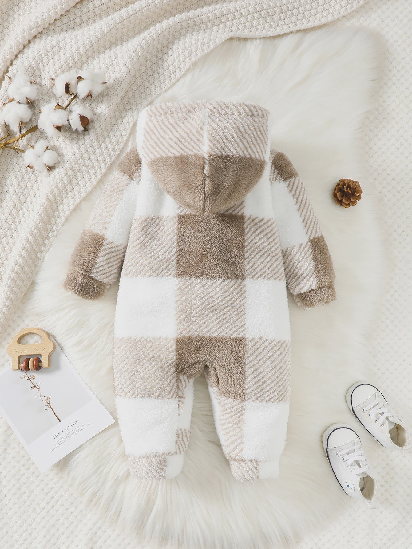 Warme Pluche Baby Romper met Capuchon - Geruit Jumpsuit voor Peuters (3-24 maanden)