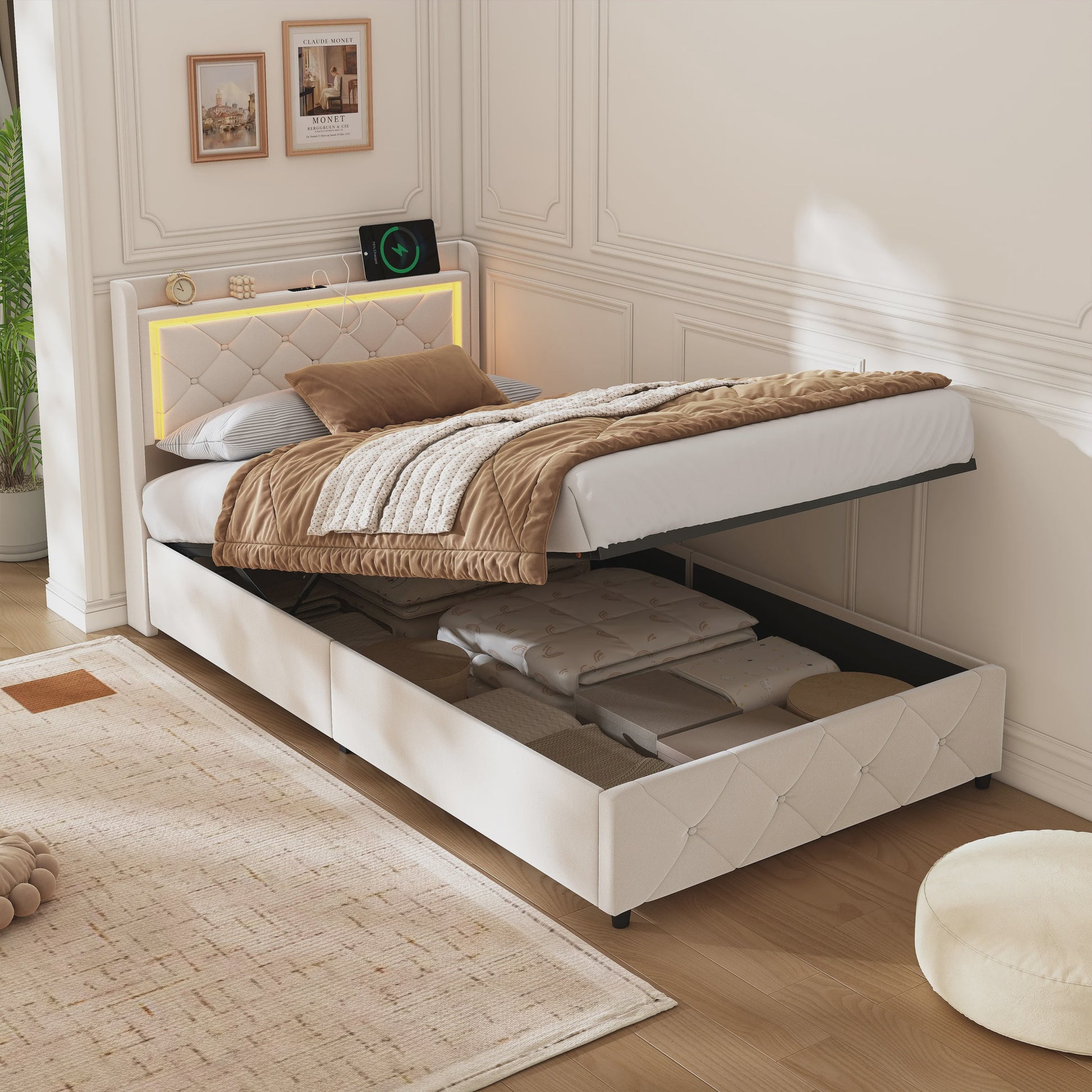 Stijlvol 1-Persoons Bed 90x200cm met LED, USB & Opbergruimte - Velvet/Linnen
