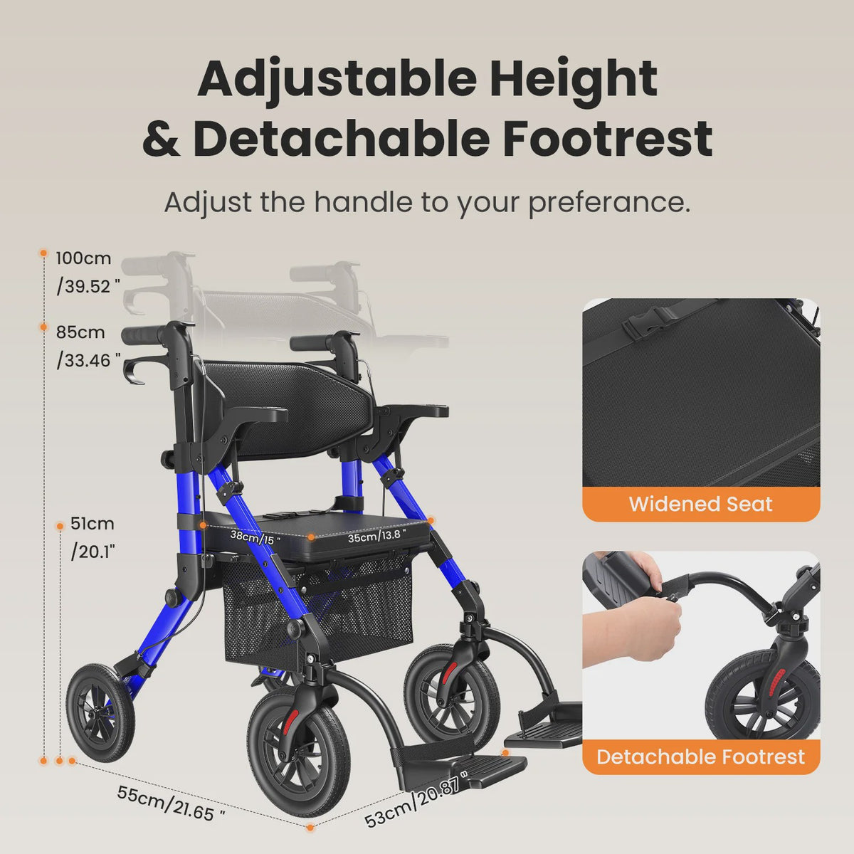 Lichtgewicht Opvouwbare Rollator Walker met Zitje & Transportrolstoelfunctie